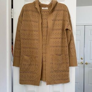 Women's Hooded Long Open-Knit Cardigan Sweater Tan